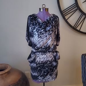 BCBGMaxAzria XS Black, White & Gray Coleen Dress Short Sleeves Belt Pockets